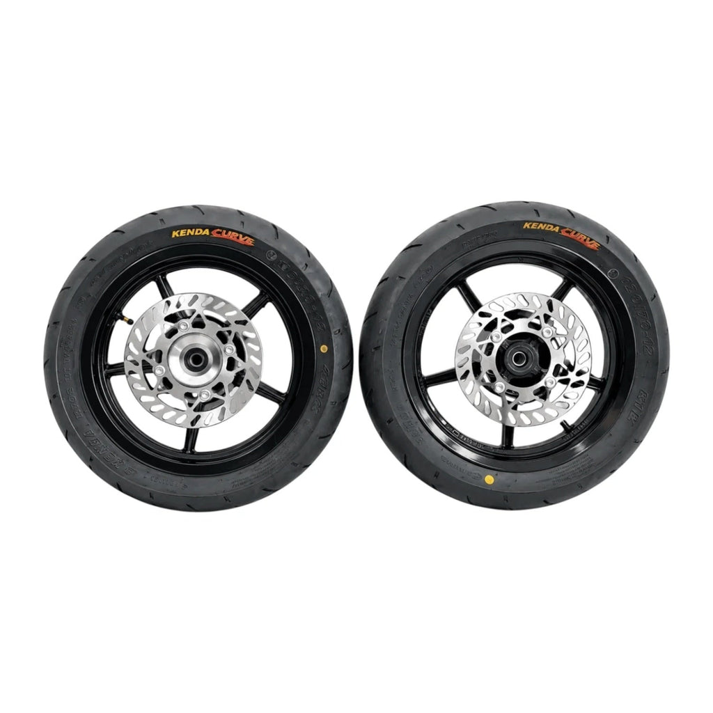 Pair of 12 inch supermoto wheels with Kenda Curve tires