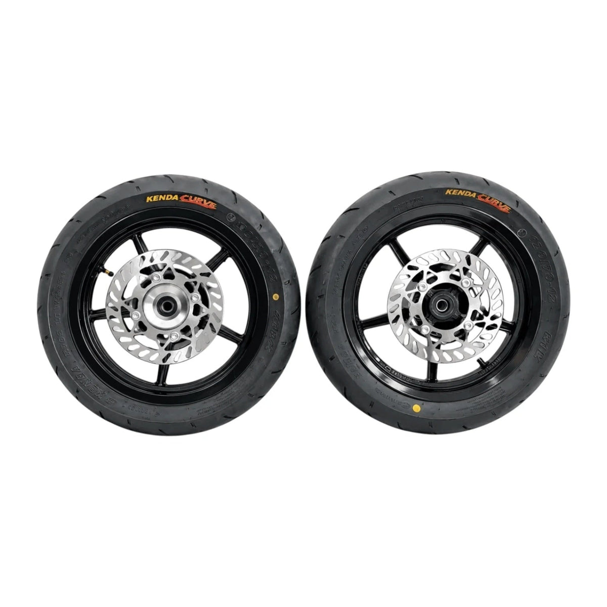 Pair of 12 inch supermoto wheels with Kenda Curve tires